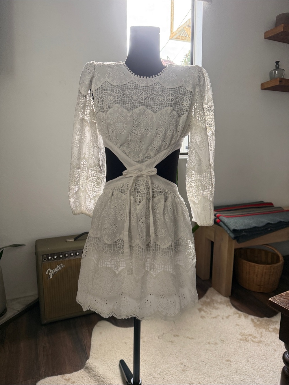 White Lace Mini Dress with Tie Waist